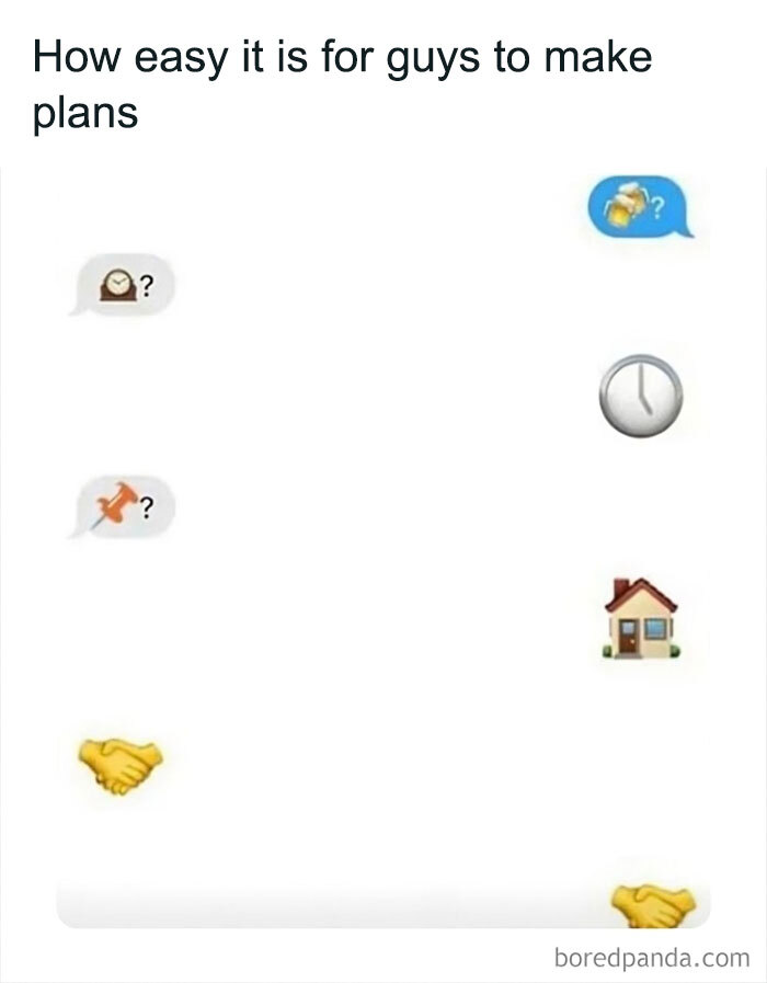 Chat emojis humorously depicting guys making easy friendship plans with beer, clock, and handshake icons.