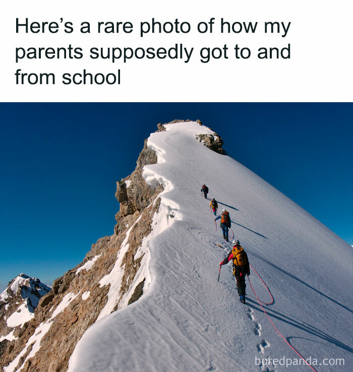 Group of climbers ascending a snowy mountain ridge, illustrating nostalgic ’80s and ’90s adventurous school commutes.