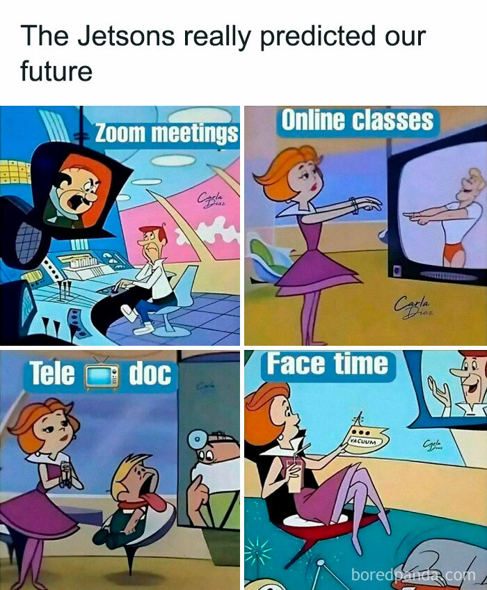 The Jetsons cartoon scenes humorously depict nostalgic 80s and 90s technology like Zoom, online classes, telehealth, and FaceTime.