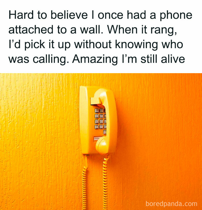 Vintage yellow wall phone with nostalgic text about answering calls without knowing the caller, 80s and 90s nostalgia meme.