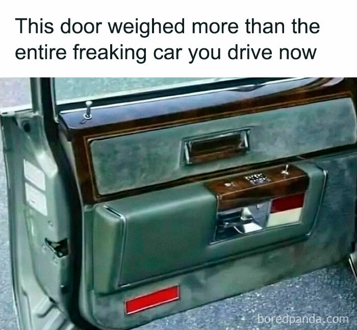 Vintage car door panel from the 80s and 90s showing heavy and bulky design, evoking nostalgic pics and memes.