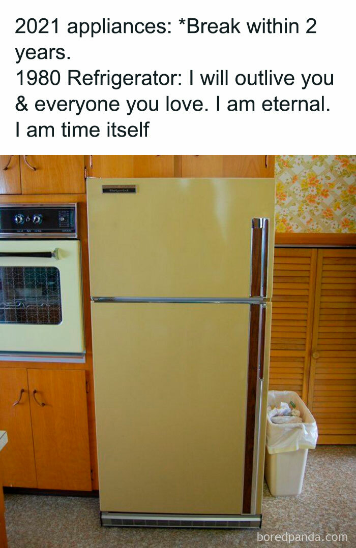 Vintage 1980 refrigerator in a retro kitchen, showcasing nostalgic ’80s and ’90s appliances and memes.
