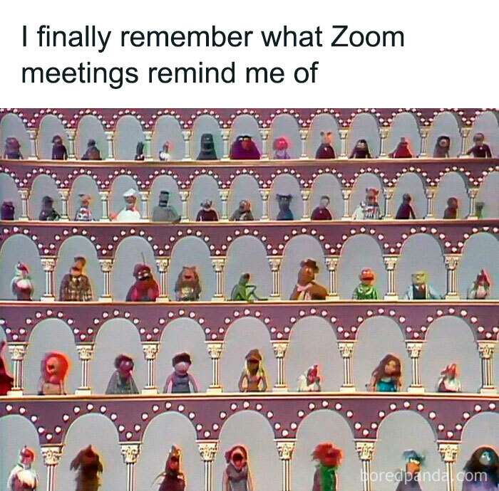 Muppets in an old TV setup, humorously comparing Zoom meetings to nostalgic ’80s and ’90s group video calls.