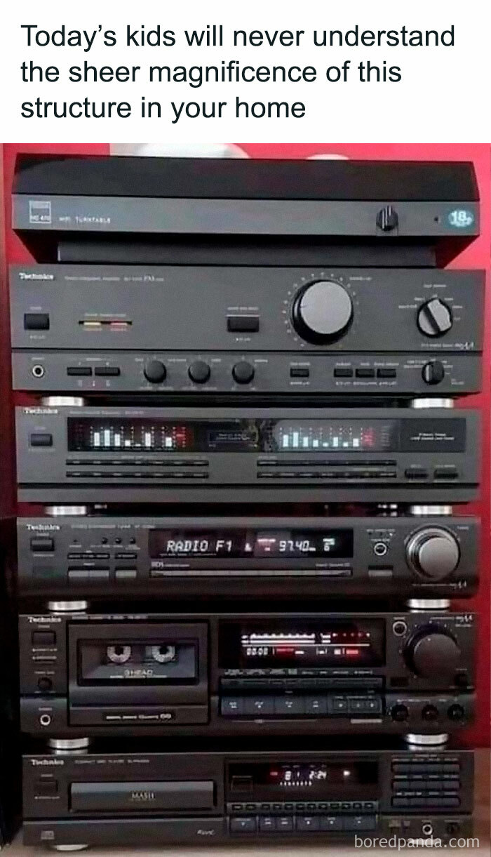 Vintage stereo system with multiple Technics components, evoking nostalgic 80s and 90s pics and memes from that era.