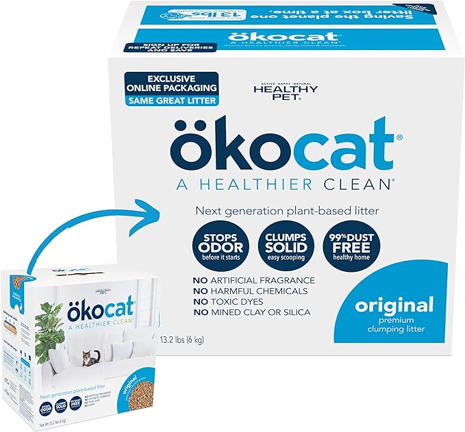 Ökocat plant-based clumping cat litter box, featuring odor control and dust-free benefits. Ökocat plant-based clumping cat litter box, featuring odor control and dust-free benefits.