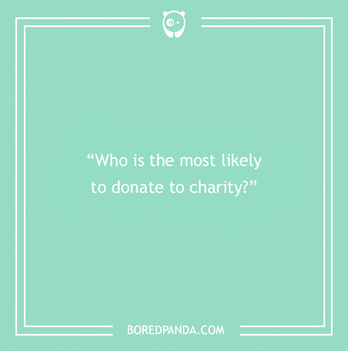 Question on a teal background asking about donating to charity, related to paranoia questions to find out thoughts.