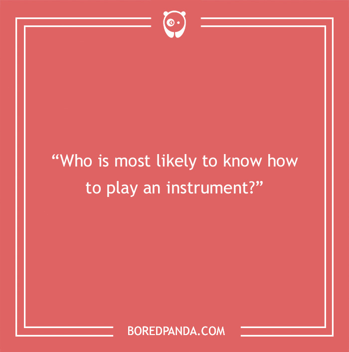 Paranoia questions asking who is most likely to know how to play an instrument on a red background.