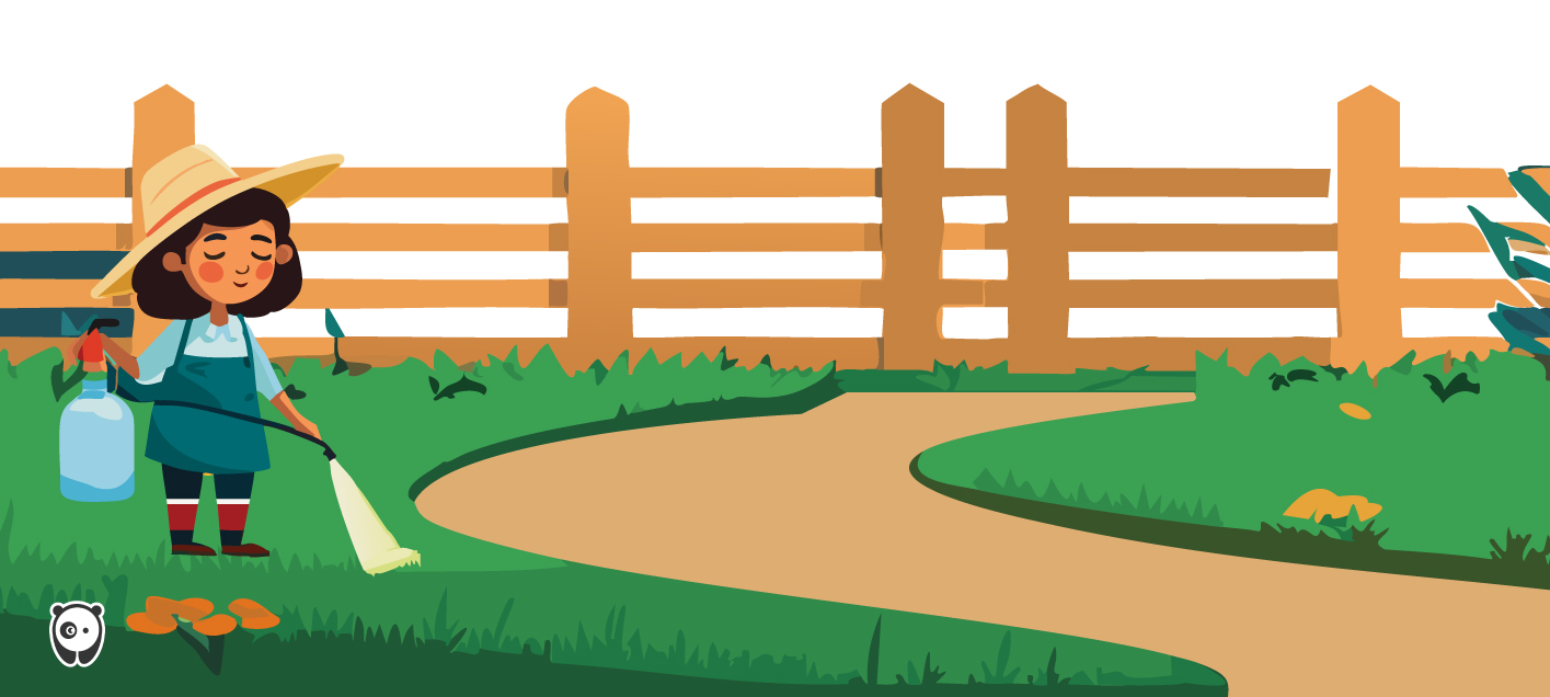 Person spraying garden weeds near a wooden fence as part of common weed control in gardens.