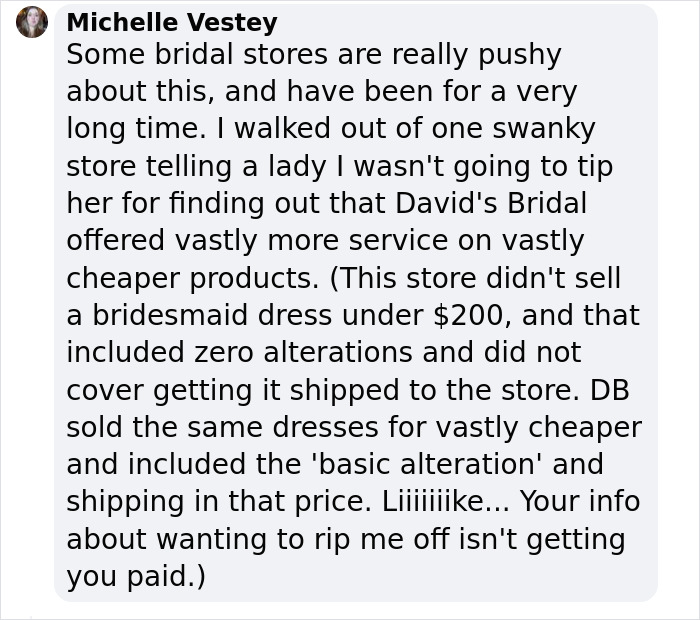 &ldquo;They Saw The Blood Leave My Body&rdquo;: Woman Refuses To Tip 10% At Bridal Store