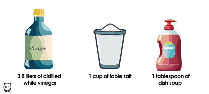 Illustration of a natural weed killer recipe using vinegar, salt, and dish soap for common garden weed control.