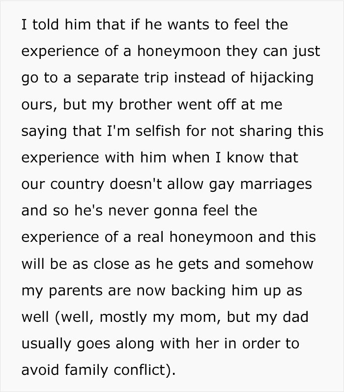 Woman Doesn’t Want Her Brother Joining Her On Honeymoon, Considers Giving Wrong Address Woman Doesn’t Want Her Brother Joining Her On Honeymoon, Considers Giving Wrong Address