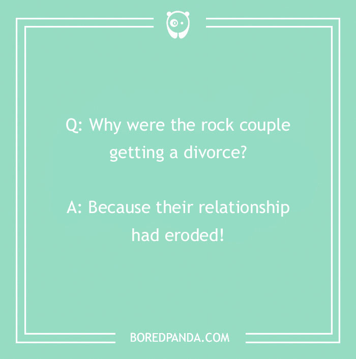 A humorous rock joke about a couple's relationship eroding is displayed on a mint green background.