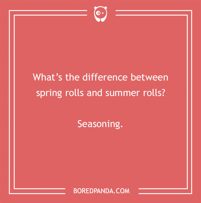 Spring joke card with a red background asking about the difference between spring rolls and summer rolls; punchline: "Seasoning."