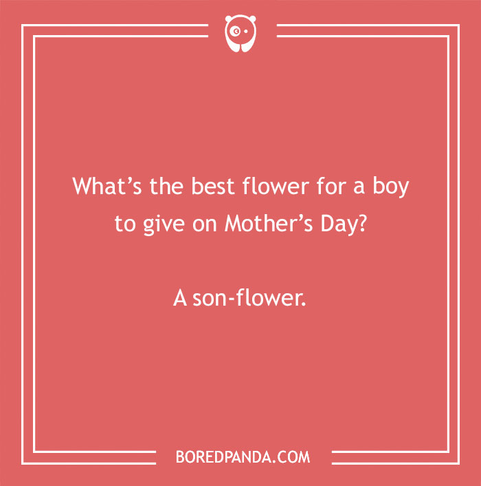 Red background with a spring joke: "What’s the best flower for a boy to give on Mother’s Day? A son-flower."