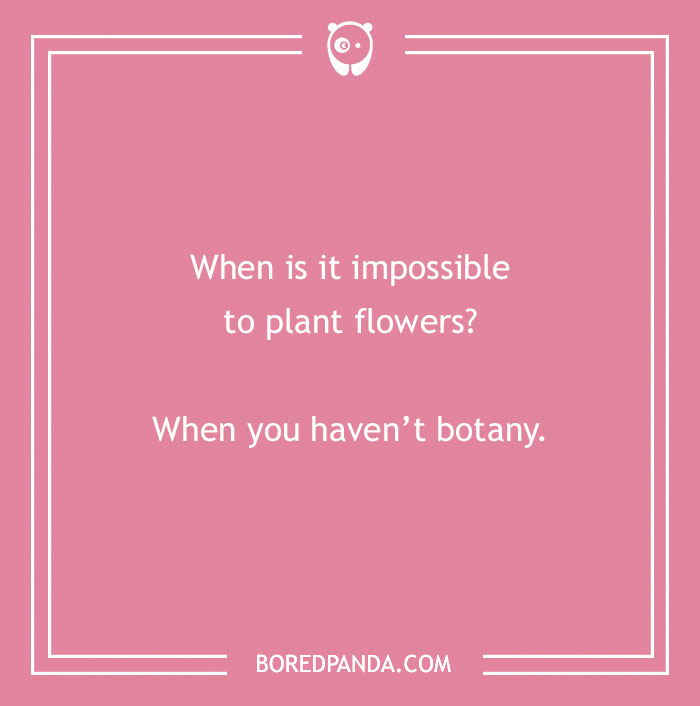 Pink background with spring joke: "When is it impossible to plant flowers? When you haven’t botany."