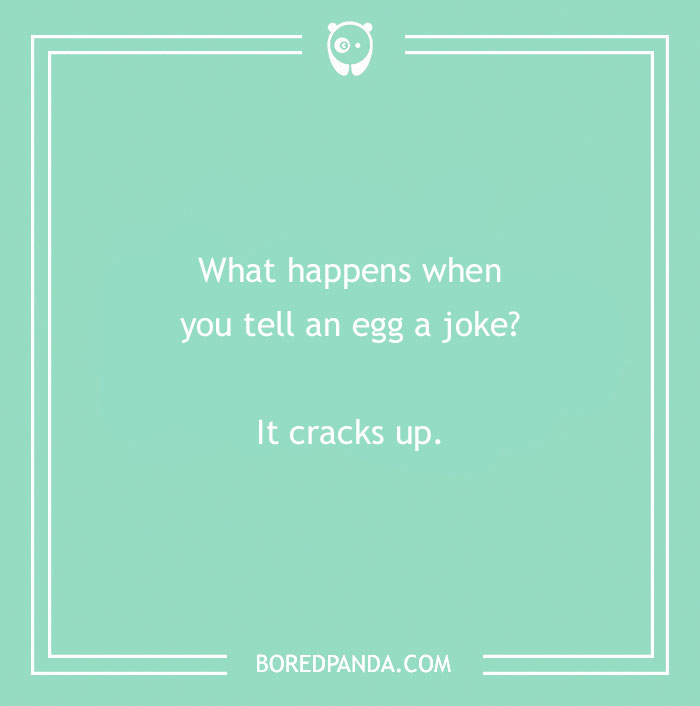 Spring joke about an egg cracking up, on a green background with a humorous touch.