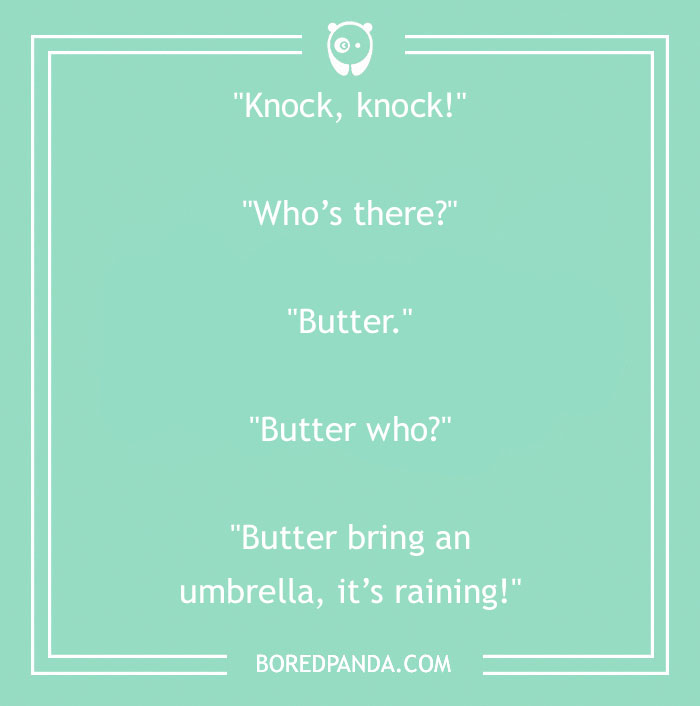 Spring joke text featuring a knock-knock joke with a rain punchline on a green background.