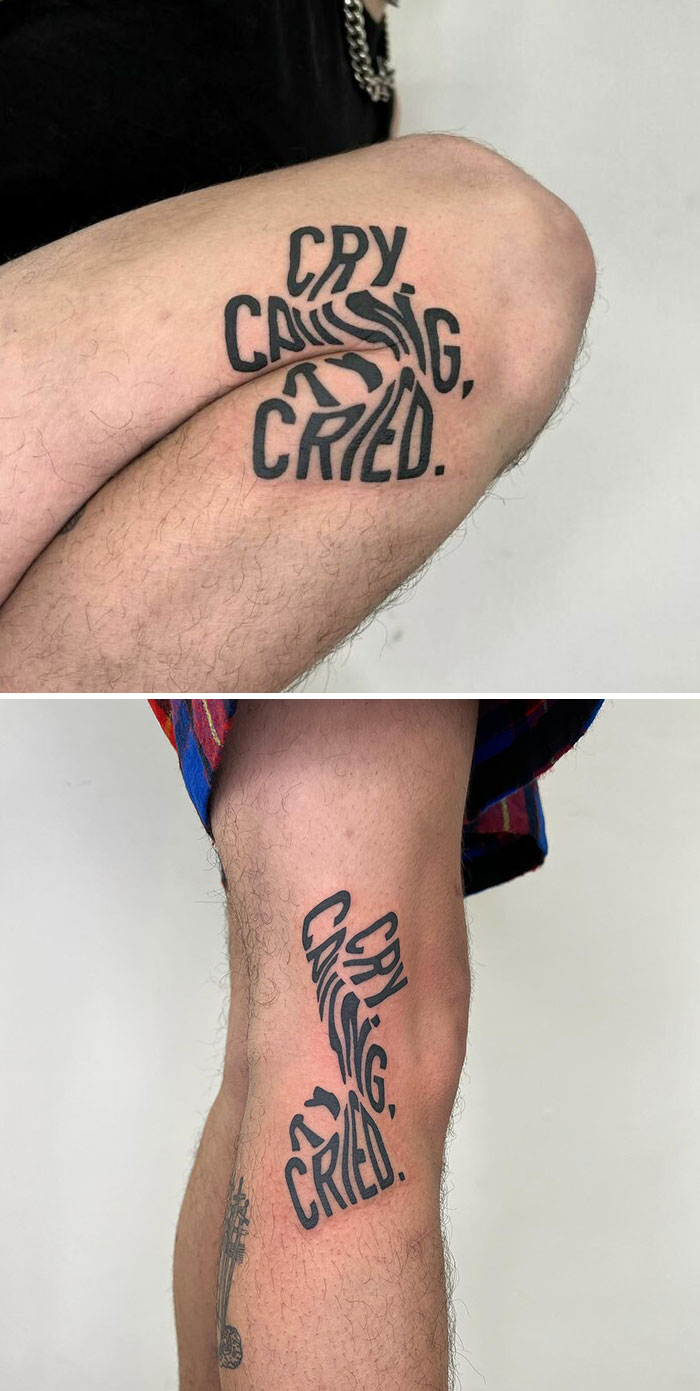 Creative tattoo with hidden meaning reading "Cry, Crying, Cried" on a person's leg.
