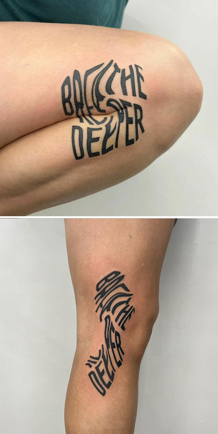 Creative tattoo on leg spelling "breathe deeper" in an artistic design with hidden meaning.