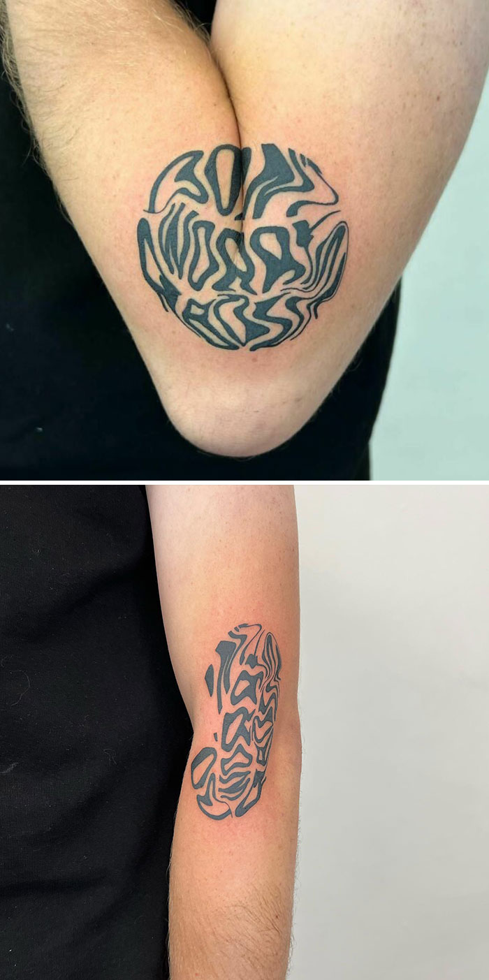 Creative tattoo with hidden meaning in abstract design on arm.