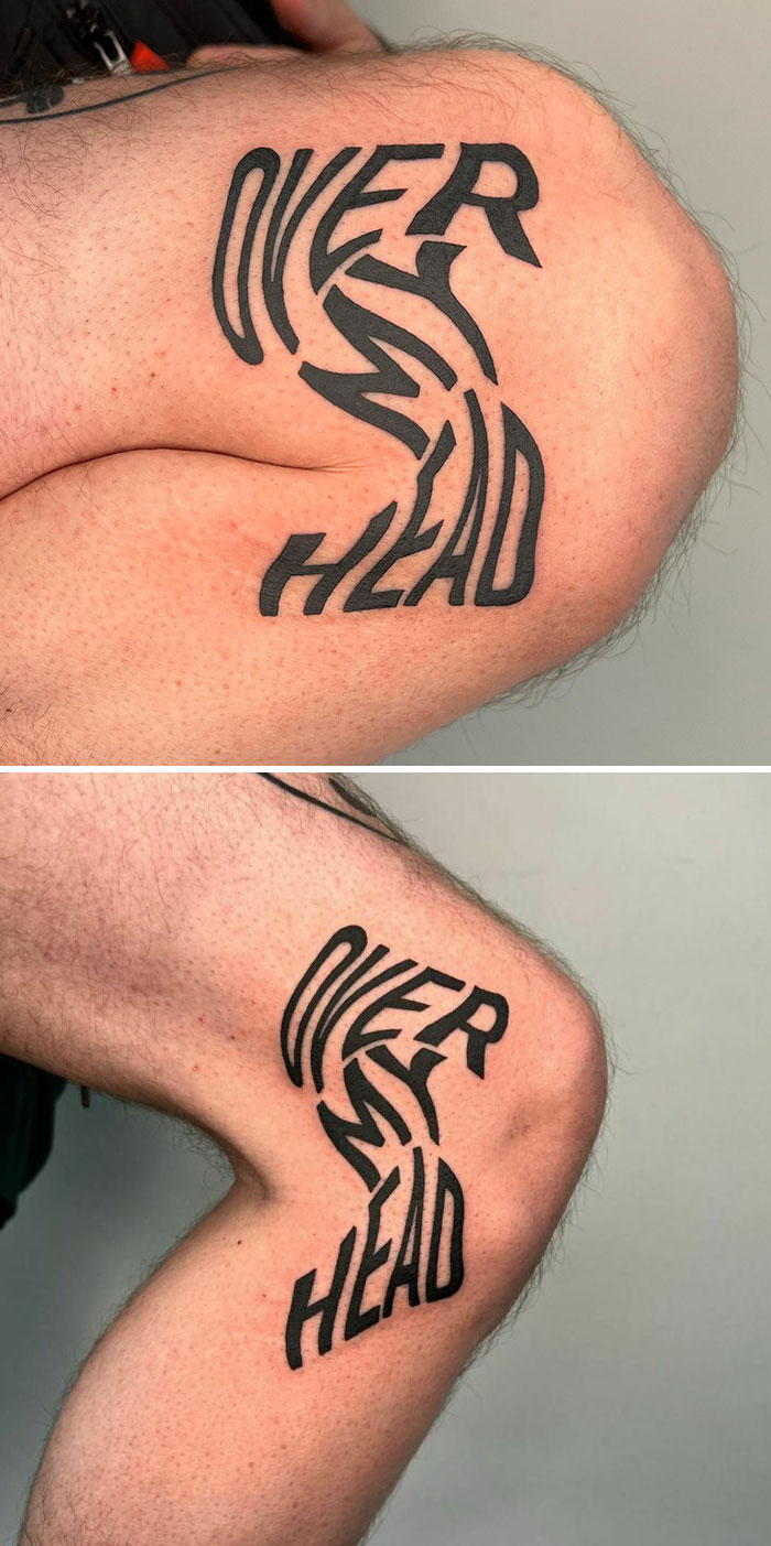 Clever tattoo on an elbow folding to reveal the word "OVERHEAD" with a hidden meaning by creative artist.