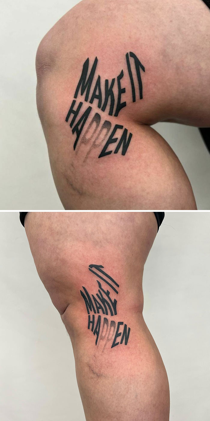 Creative tattoo on knee bending muscles to form "Make It Happen," showcasing clever hidden meaning.