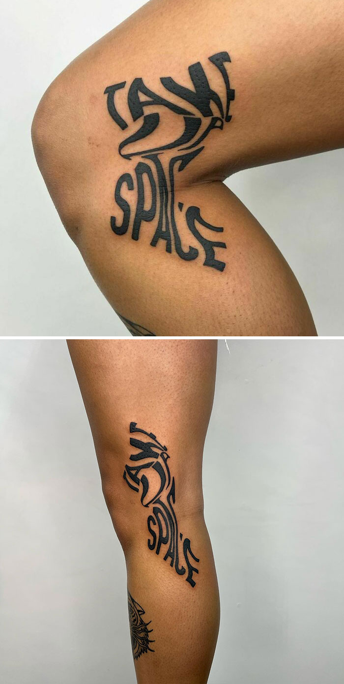 Creative artist's tattoo on leg with hidden meaning, featuring abstract text and design.
