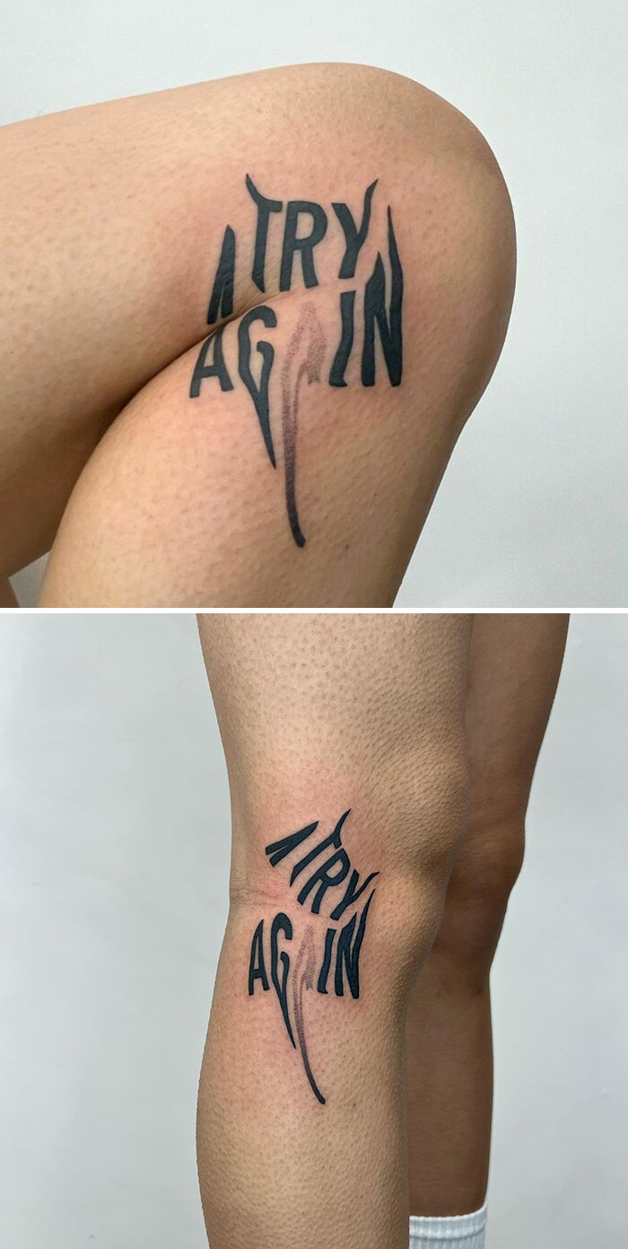 Creative tattoo with hidden meaning on knee, reading "TRY AGAIN" from a unique angle.