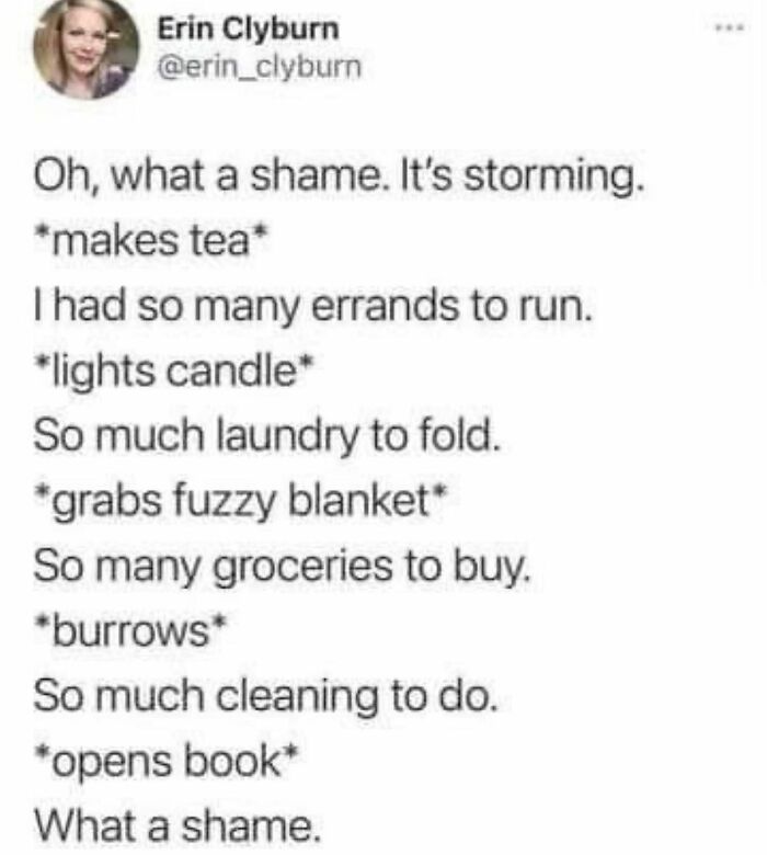 Funny meme text about avoiding errands and chores by relaxing during stormy weather, perfect for enjoying when not feeling social.