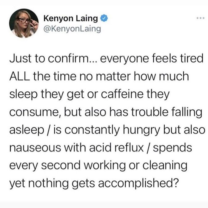 Tweet about feeling tired, struggling to sleep, and constantly busy, relatable funny meme for times when not feeling social.