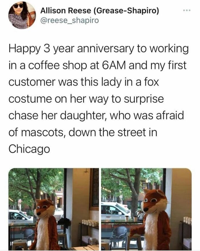 Funny meme showing a person in a fox costume surprising a child afraid of mascots outside a coffee shop.