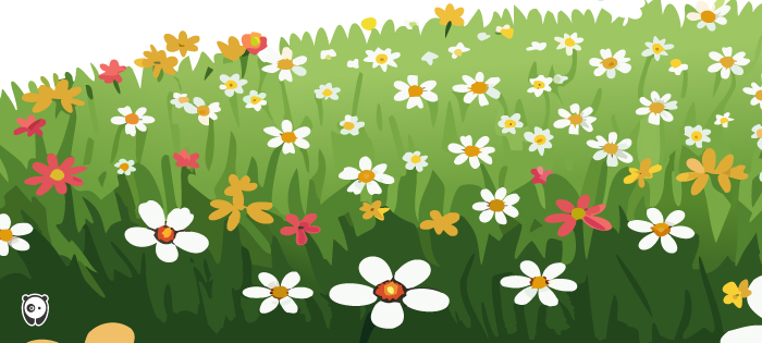 Illustration of a field with various flowers representing common types of weeds in gardens for plant control.