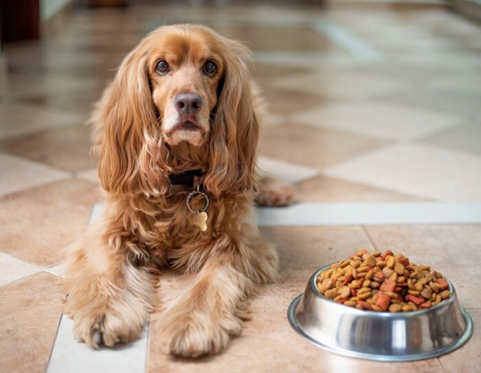 Golden retriever lying on tile floor beside a bowl of dog food for optimal feeding transition. Golden retriever lying on tile floor beside a bowl of dog food for optimal feeding transition.