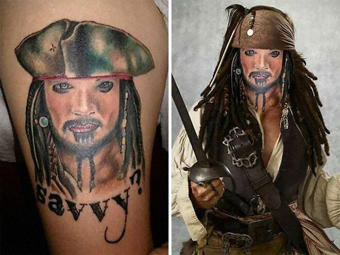 Failed tattoo attempt of a pirate character on arm, with comparison to the original image.