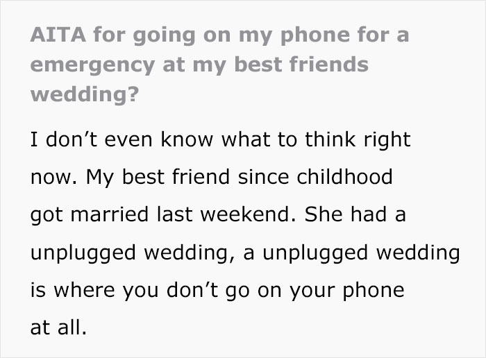 Bride Berates BFF For Answering An Emergency Call At Her ‘Unplugged Wedding’ Bride Berates BFF For Answering An Emergency Call At Her ‘Unplugged Wedding’