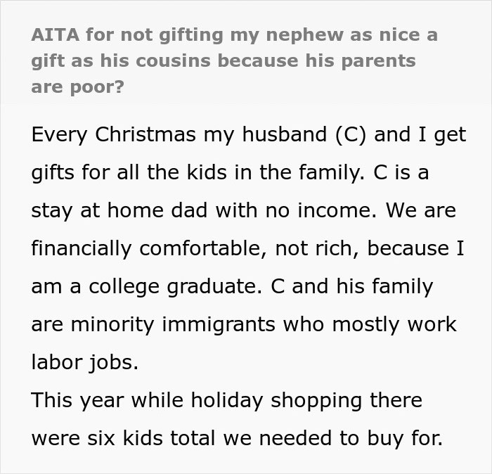 &ldquo;AITA For Not Gifting My Nephew As Nice A Gift As His Cousin&rsquo;s Because His Parents Are Poor?&rdquo;