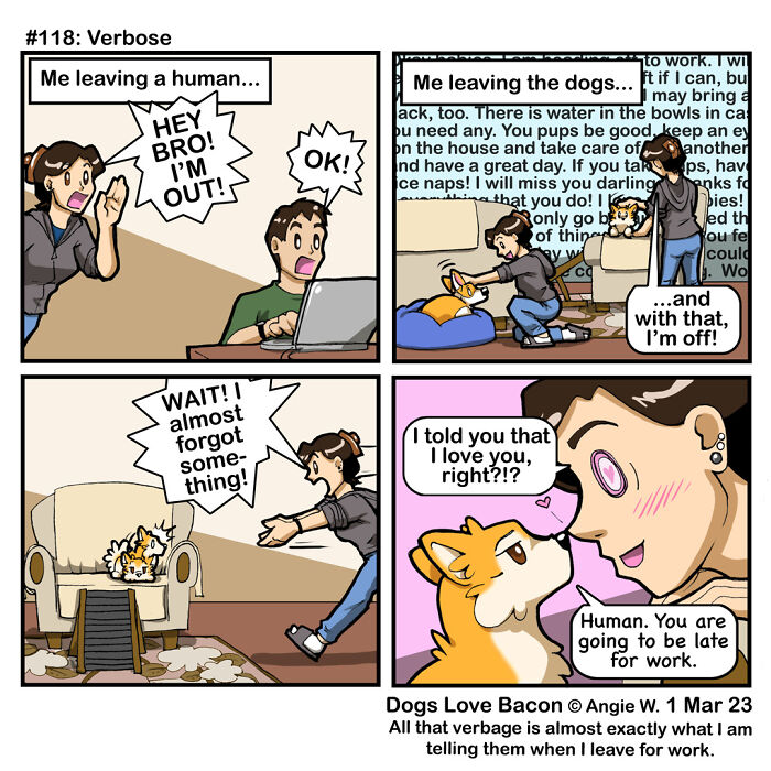 Comic panels showing the funny reality of being a dog owner, highlighting affectionate moments and daily routine with dogs.