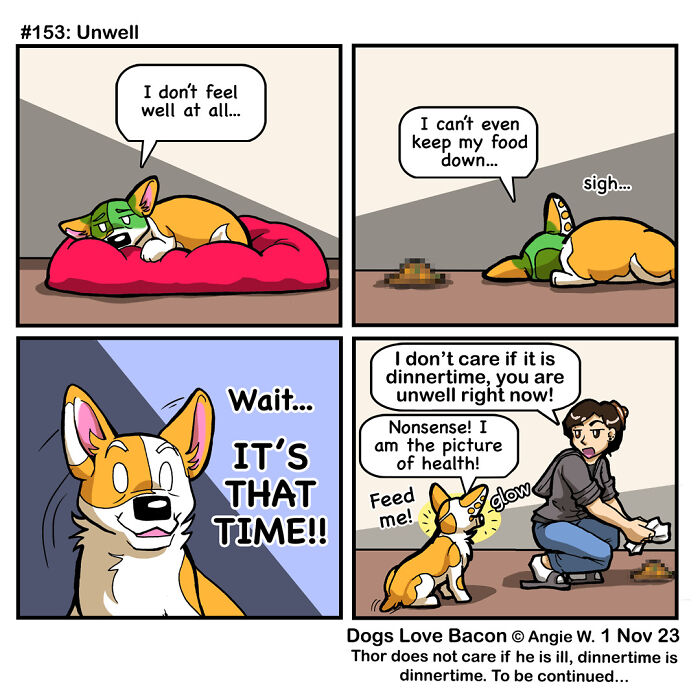 Comic showing the funny reality of being a dog owner with a sick dog suddenly eager for dinnertime.