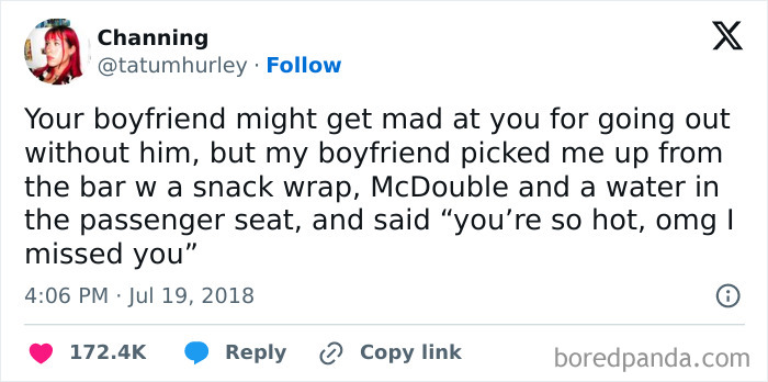 Funny meme post from "Meme Queen" Instagram featuring a humorous boyfriend story with McDonald's snack.