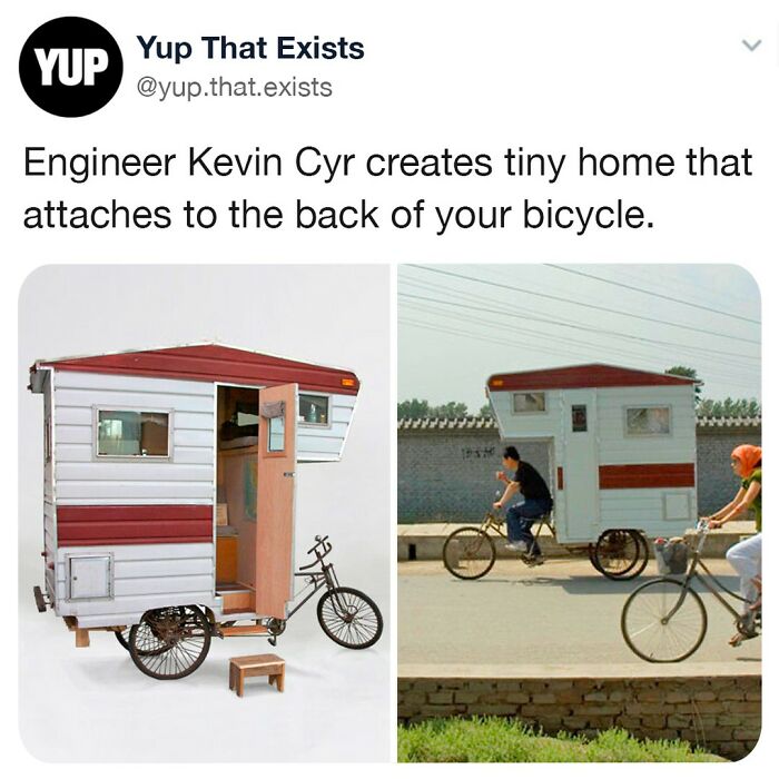 Tiny home attached to the back of a bicycle, showcasing a weird but very real invention shared on an online page.