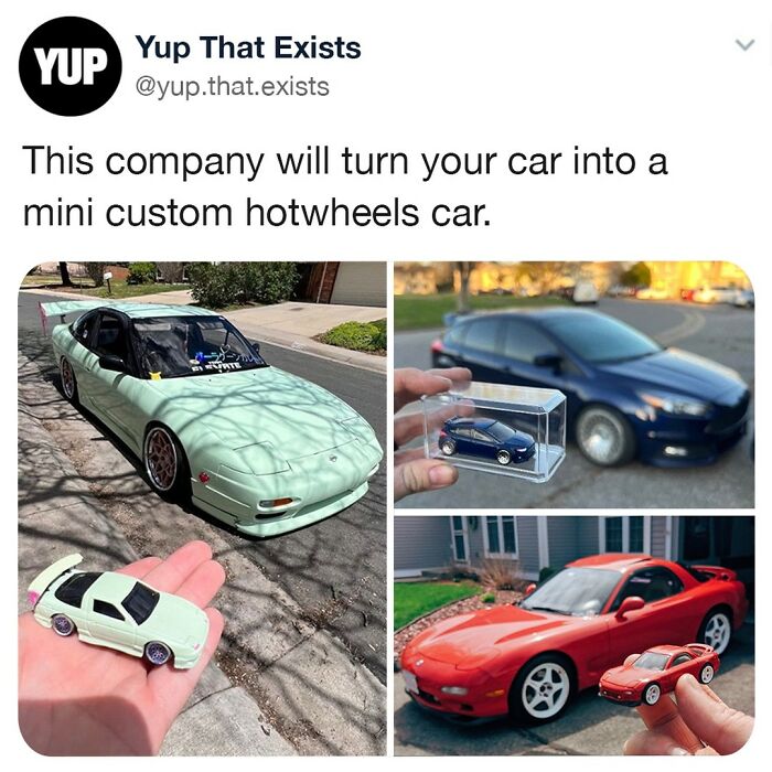 Mini custom Hot Wheels cars held next to their full-sized car counterparts, showcasing unique scaled-down vehicle models.