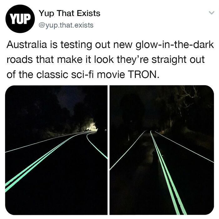 Glow-in-the-dark roads in Australia creating a sci-fi effect, showcasing one of the weird but very real things shared online.