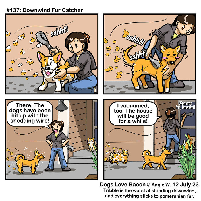 Comic panels showing a dog owner using a shedding rake on dogs, capturing fur in the funny reality of being a dog owner.