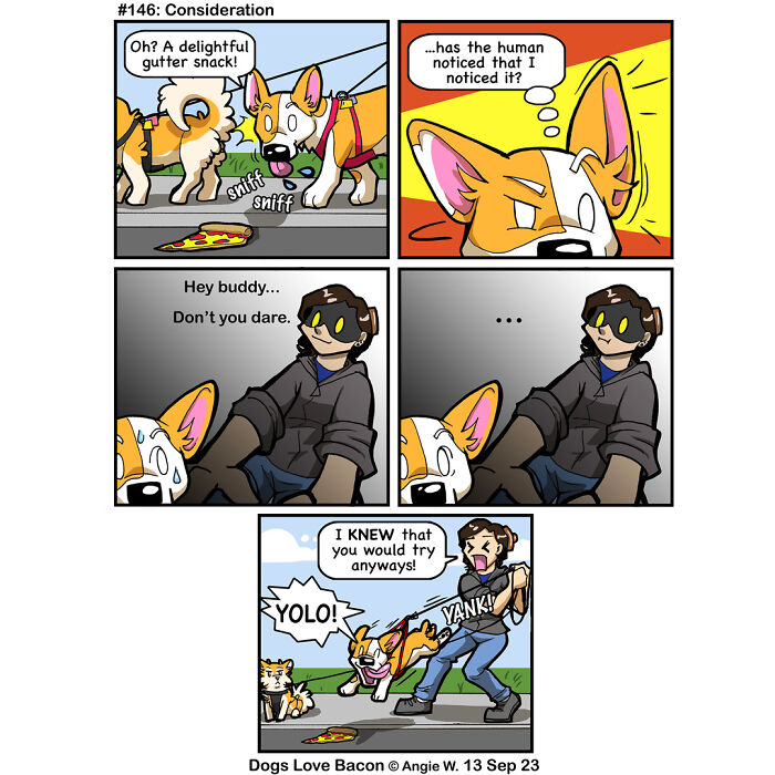 Comic strip showing the funny reality of being a dog owner with a dog sniffing food and pulling its owner away.