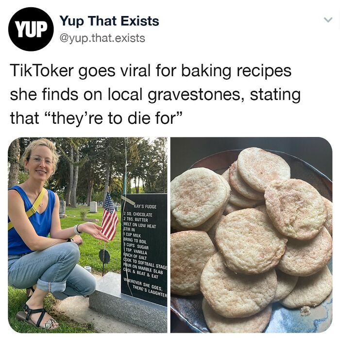 Woman posing beside gravestone with baked goods recipe, showcasing weird but very real things found online.