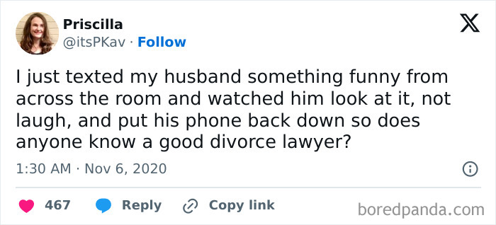 Funny meme text about sending a hilarious message to a husband, his reaction leads to a joke about needing a divorce lawyer.