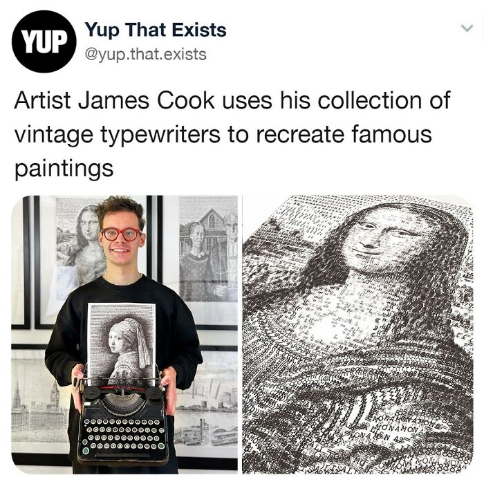 Artist James Cook holding a vintage typewriter with portraits recreated using typewriter art from the weird but real collection.