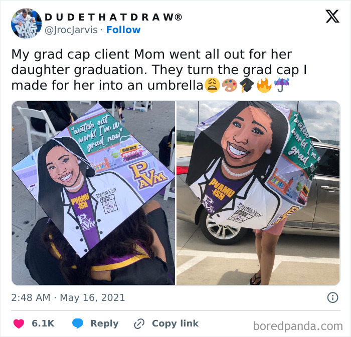 Graduate Who Had A Specially Made Cap. Which Her Mom Also Had Made Into An Umbrella For The Big Day
