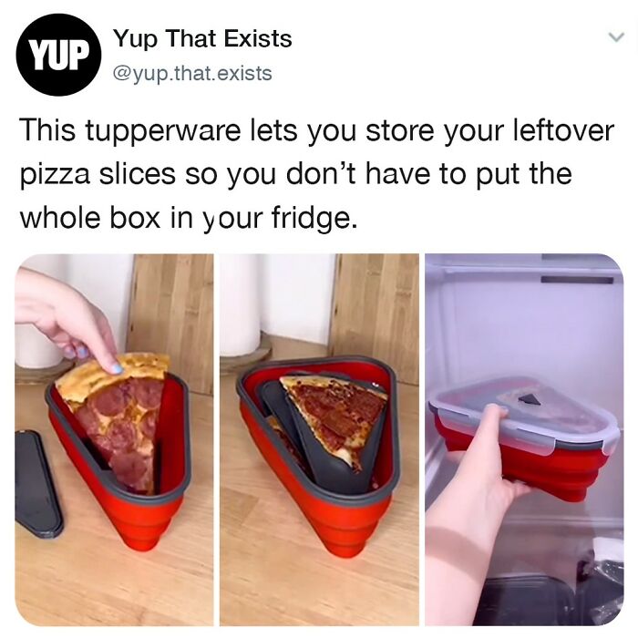 Collapsible tupperware designed to store leftover pizza slices compactly in the fridge, showcasing a space-saving kitchen solution.