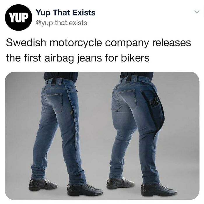 Swedish motorcycle company launches innovative airbag jeans for bikers showcasing weird but real safety gear design.